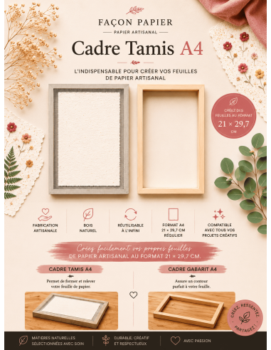Tamis et cadre de calibrage format A4 pour la fabrication du papier.